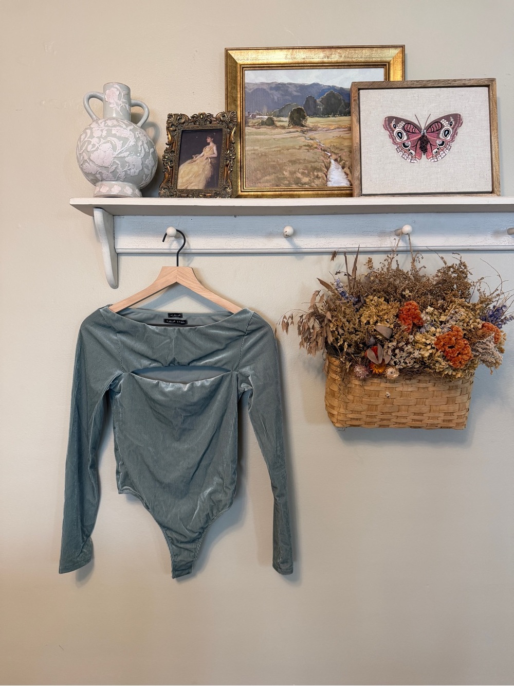 Urban Outfitters Sage Green Velvet Corduroy Long-Sleeve Cut Out Bodysuit